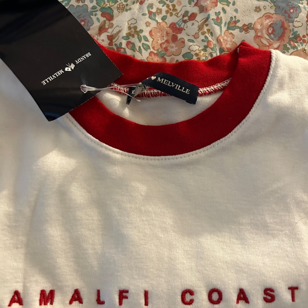 Melville White Tee with Red Ringer Collar - 'Amalfi Coast' Embroidered